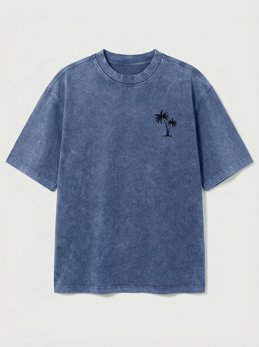 100% Cotton Vintage Washed & Distressed Crew-Neck Short-Sleeve T-Shirt with Palm Tree Print