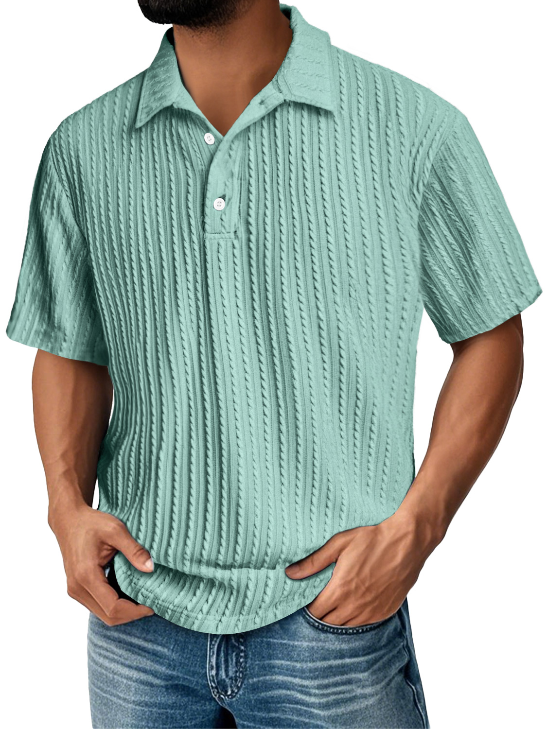 Men's Daily Lapel Jacquard Texture Casual Solid Color Short-sleeved Polo Shirt