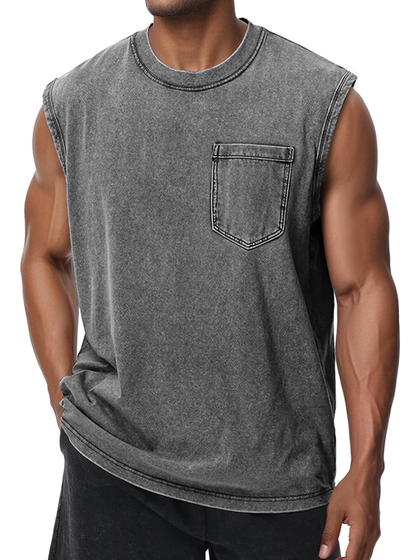 Men's Retro Washed Cotton Round Neck Pocket Casual Sleeveless Vest