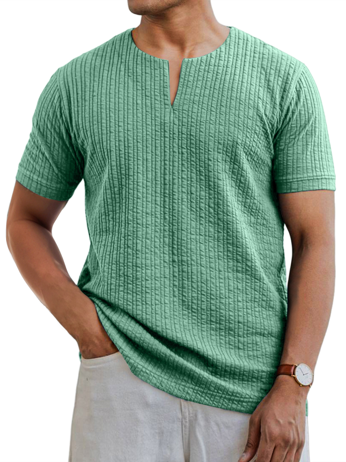Men's Daily V-neck Pit Strip Casual Solid Color Short-sleeved T-shirt