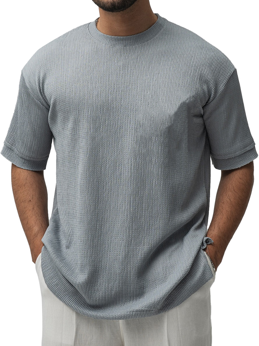 Men's Fashion Casual Ribbed Fabric Short-sleeved Crew Neck T-shirt