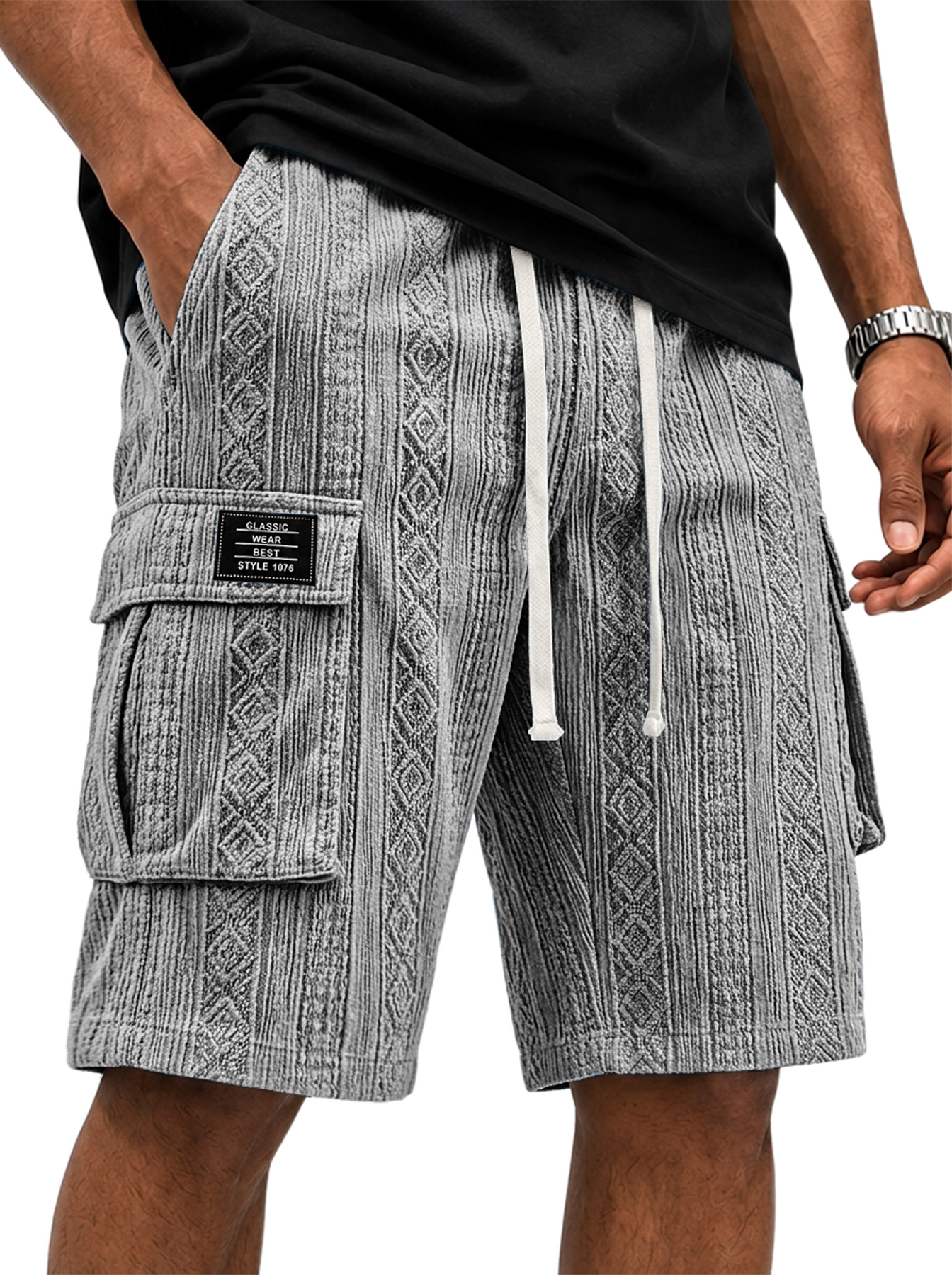 Men's Jacquard-Texture Multi-Pocket Casual Cargo Shorts