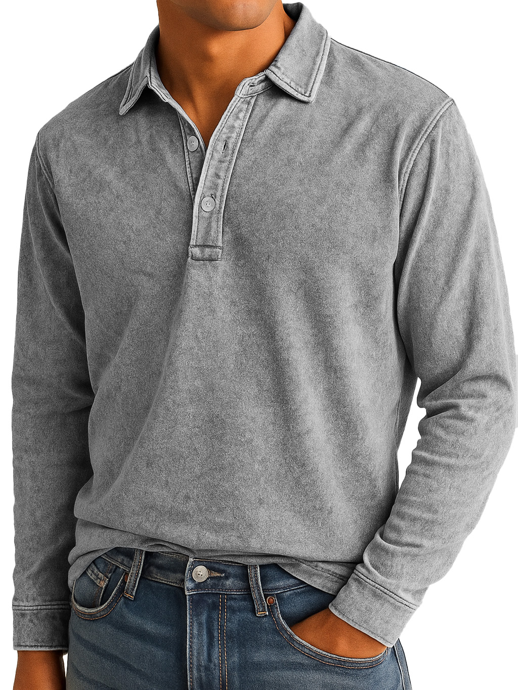 Men's Stylish Vintage Washed And Distressed Lapel Long-sleeved Polo Shirt