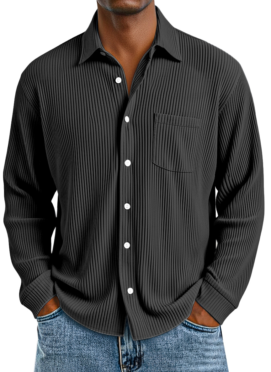 Men's daily casual vertical pit texture solid color lapel long-sleeved shirt
