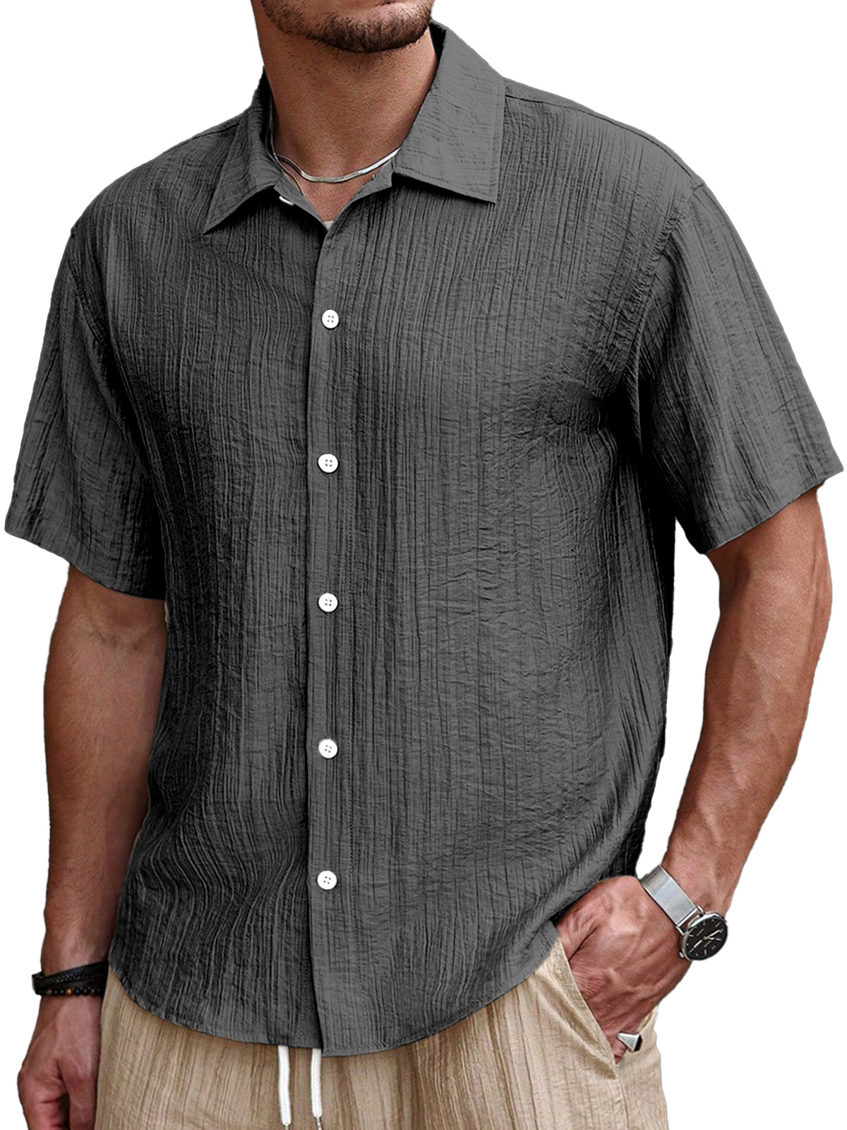 Men's Simple Casual Pleated Solid Color Short Sleeve Button Lapel Shirt