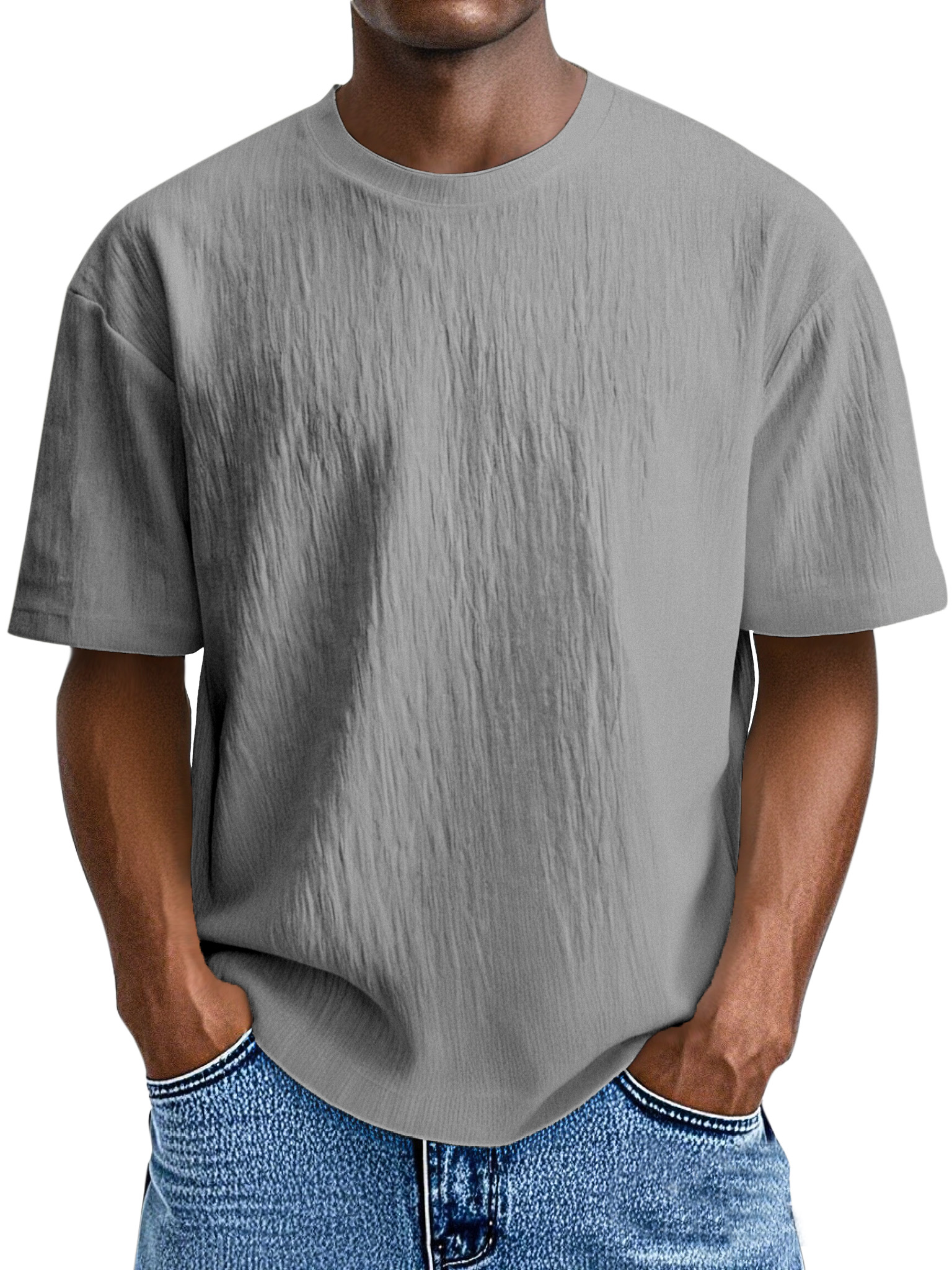 Men's Simple, Comfortable And Loose Solid Color Pleated Round Neck Short-sleeved T-shirt