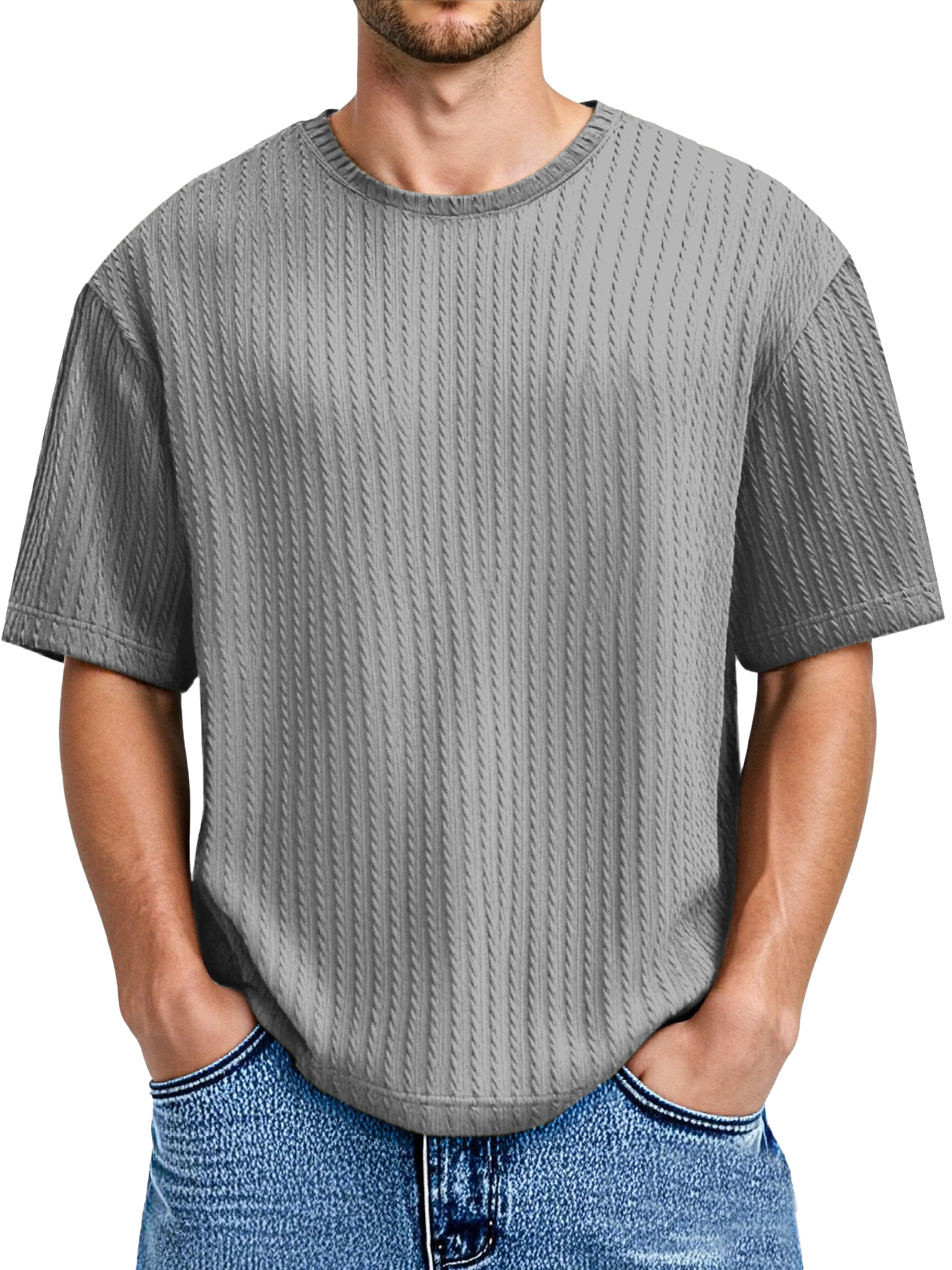Men's Daily Solid Color Twist Texture Short-sleeved Round Neck T-shirt