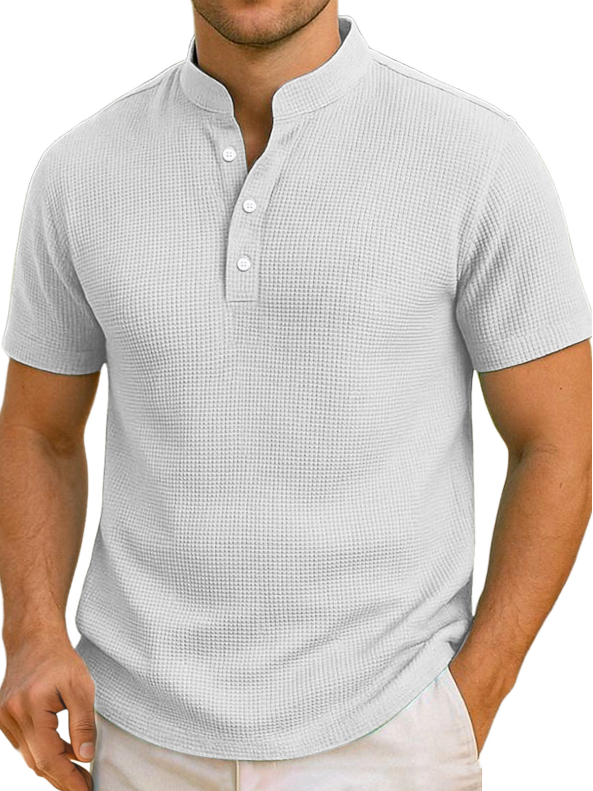 Men's Daily Simple And Comfortable Solid Color Waffle Short-sleeved Henley Shirt
