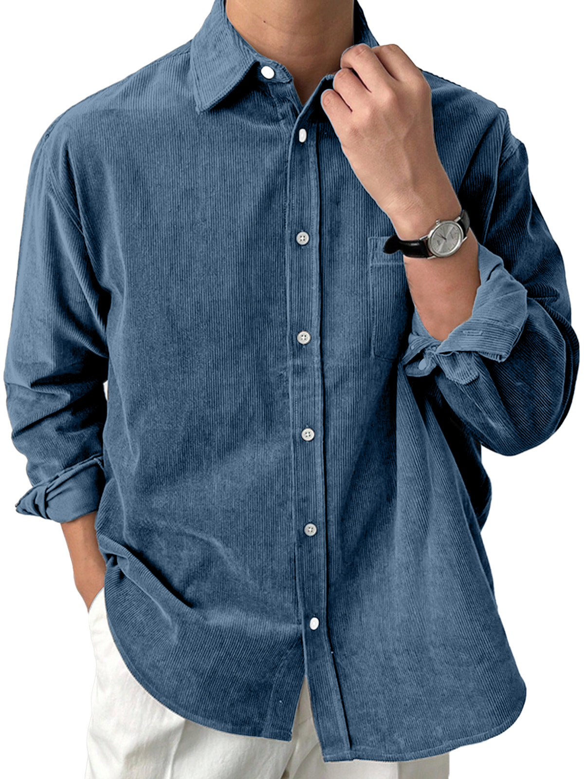 Men's Casual Solid Color Corduroy Loose Lapel Long Sleeve Shirt