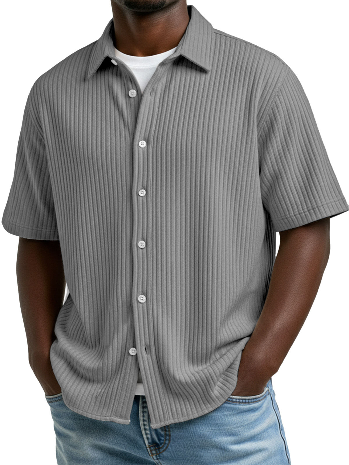 Men's Simple Solid Color Vertical Stripe Lapel Short-Sleeve Shirt