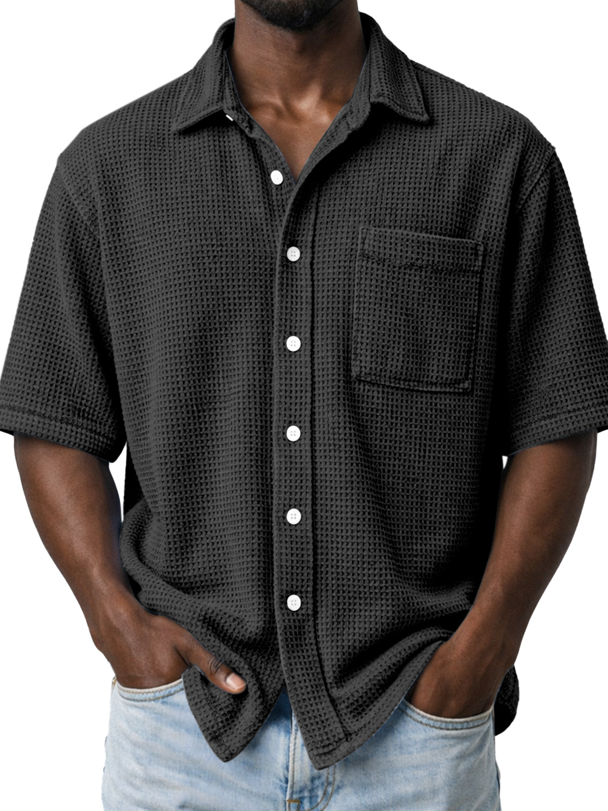 Men's Casual Solid Color Waffle Knit Short-sleeved Shirt With Pockets