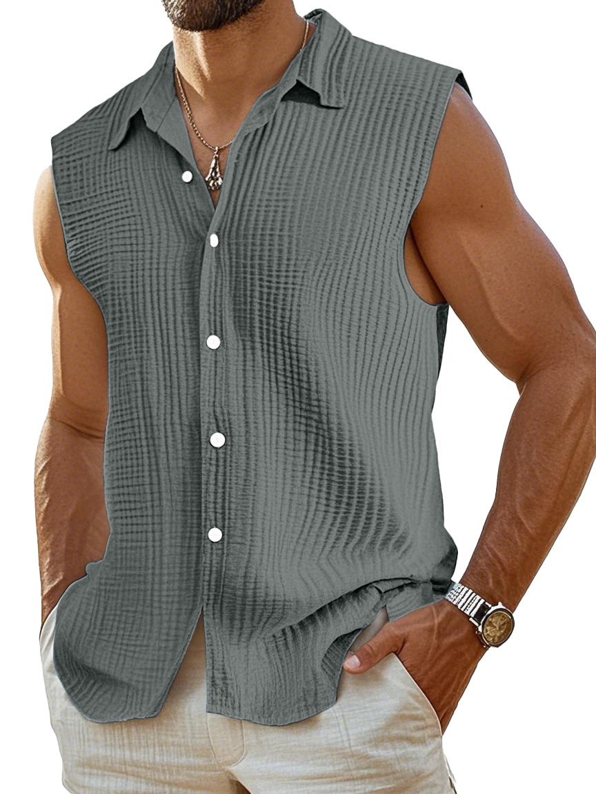 Men's Casual Pleated Texture Solid Color Sleeveless Shirt
