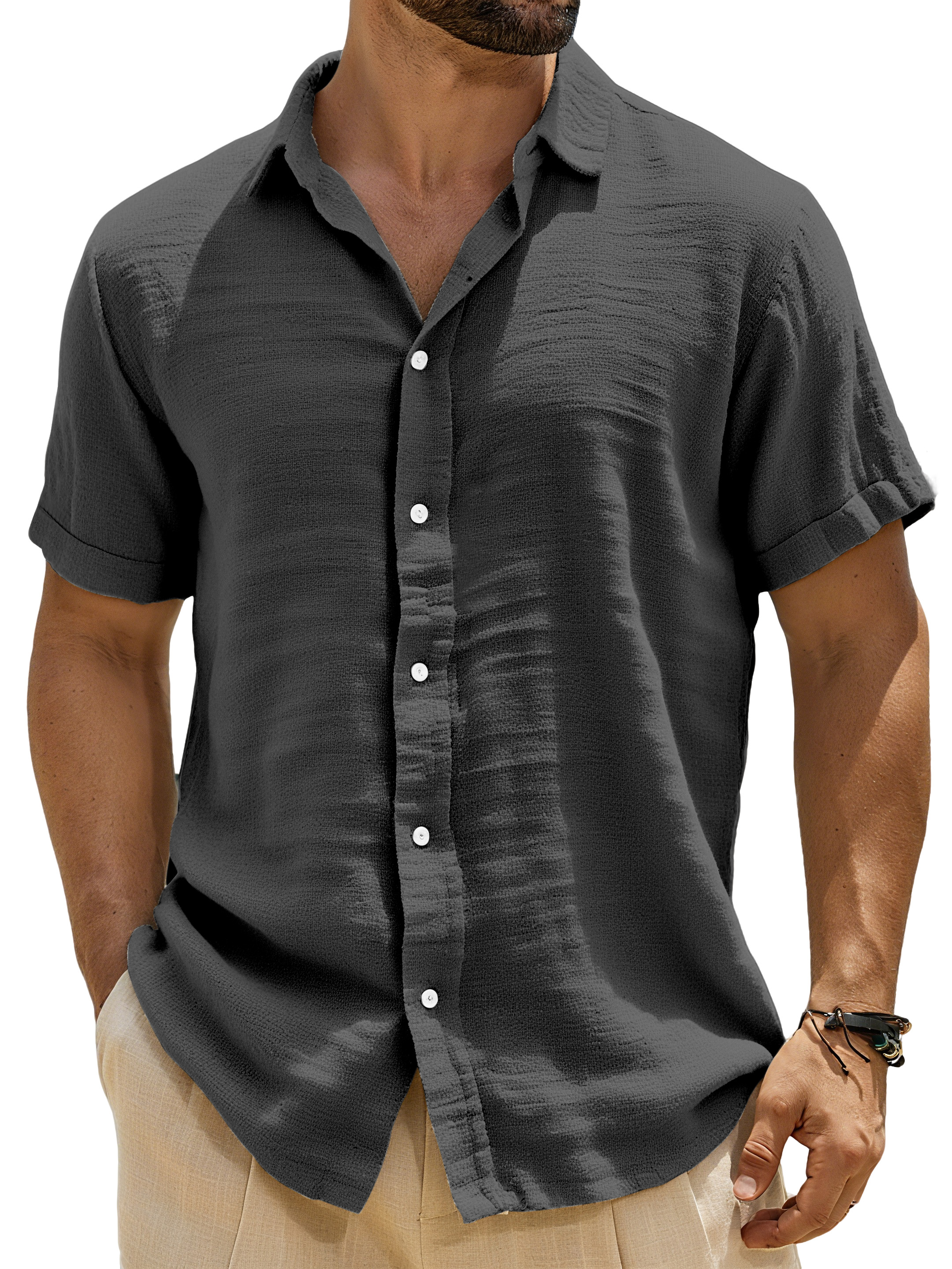Men's Casual Solid Color Breathable Imitation Linen Button Short-sleeved Shirt