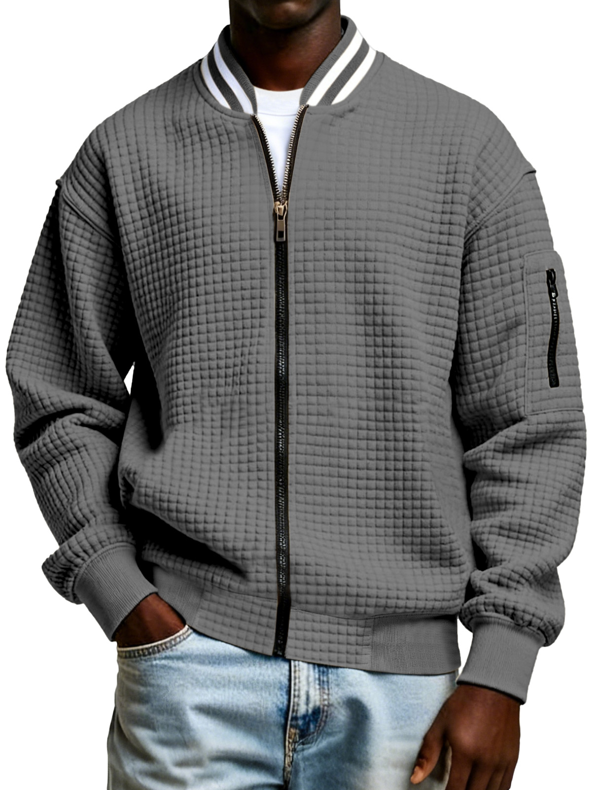 Men's Plaid Texture Solid Color Zipper Stand Collar Sweatshirt Jacket