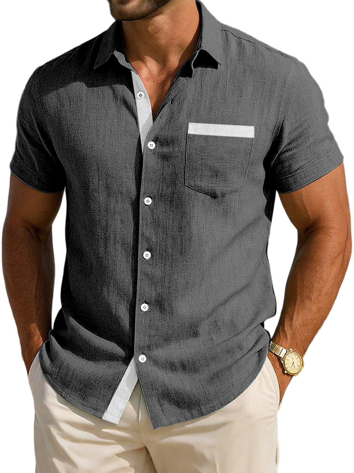 Men's Simple Daily Casual Breathable Contrast Button Short-sleeved Shirt