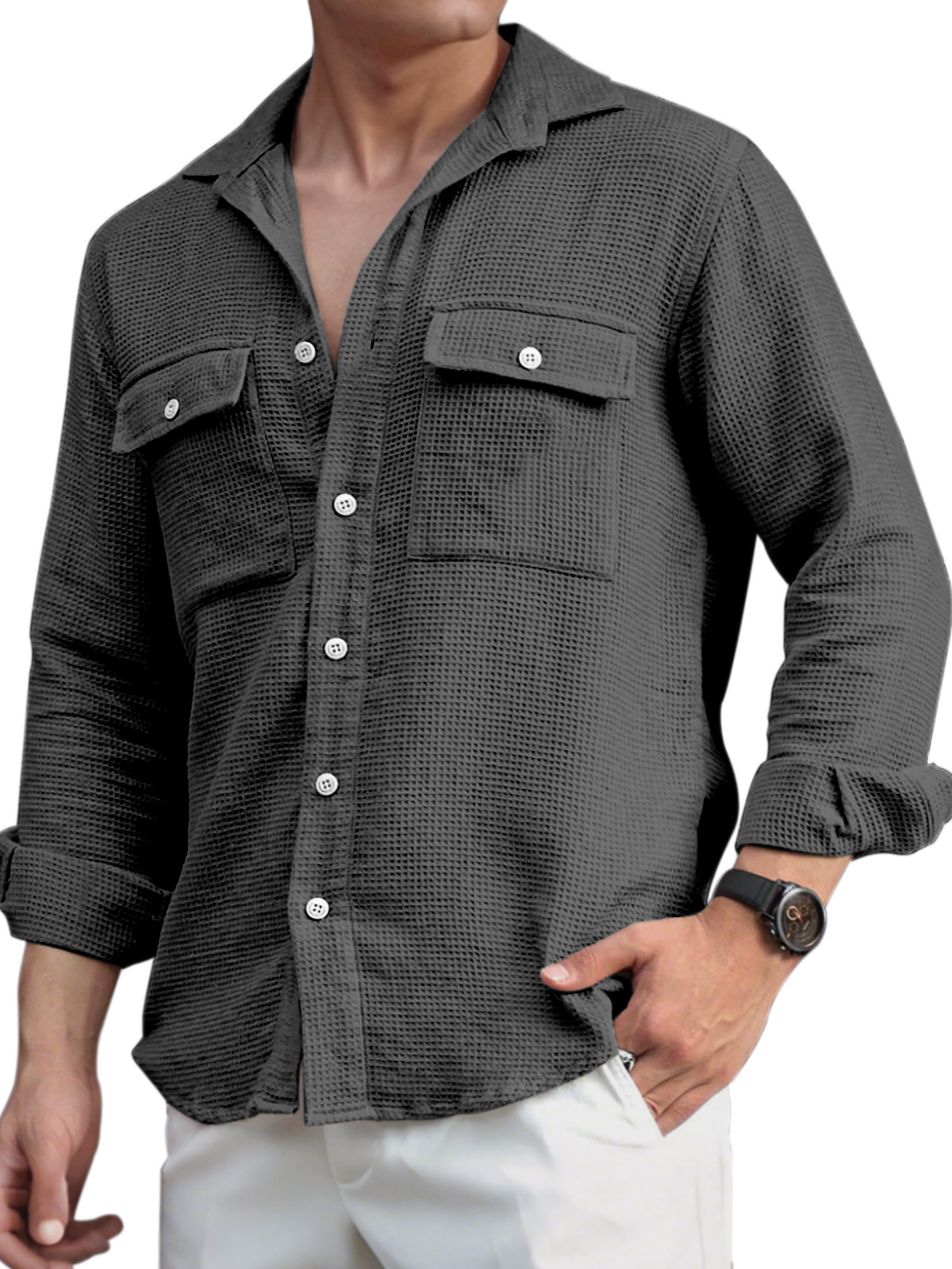 Men's Everyday Casual Solid Color Double Pocket Waffle Lapel Long Sleeve Shirt
