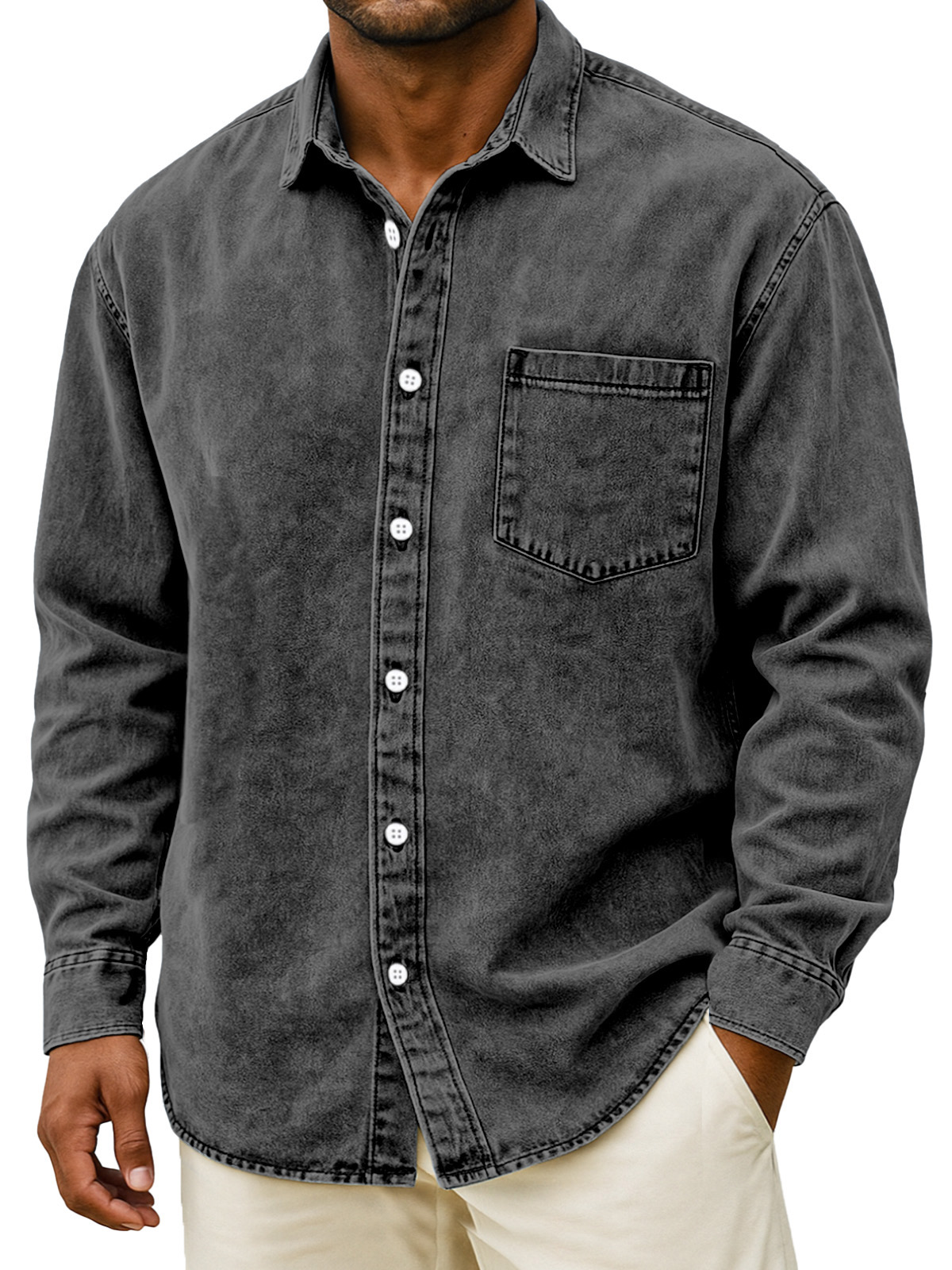 Men's Retro Solid Color Loose Long Sleeve Shirt