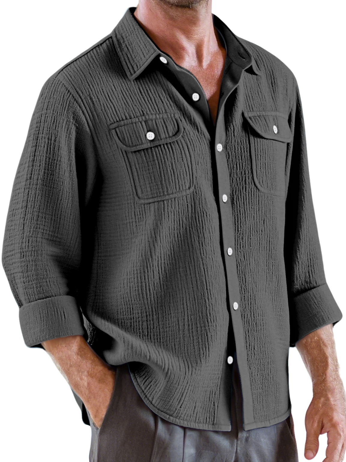 Men's Casual Solid Color Pleated Texture Double Pocket Long Sleeve Shirt