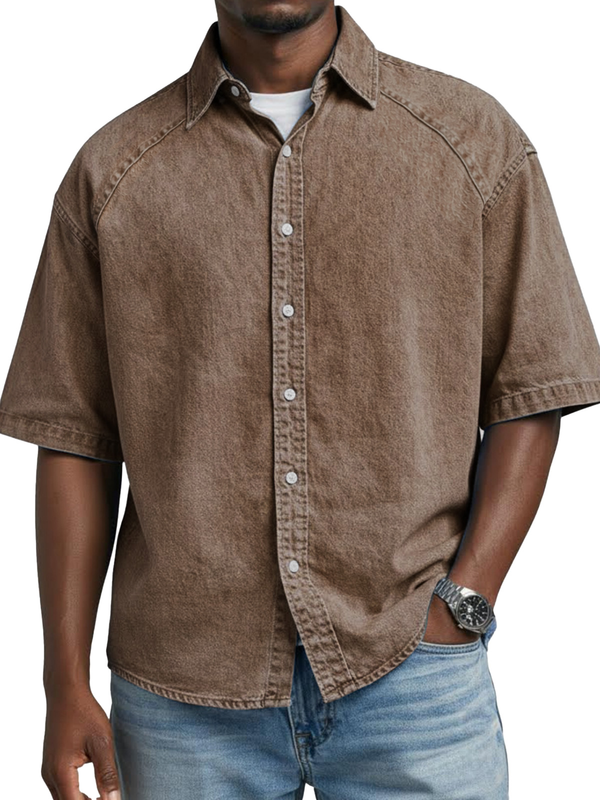 Men's Retro Solid Color Raglan Collared Short-Sleeve Shirt