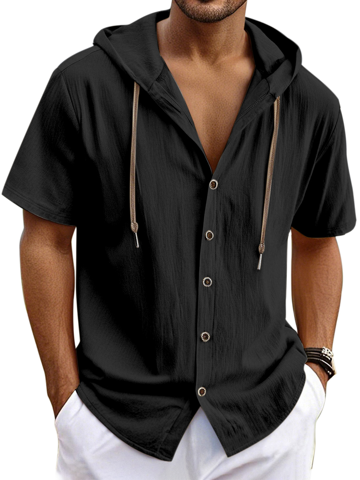 Men's Casual Solid Linen Short Sleeve Hooded Shirt