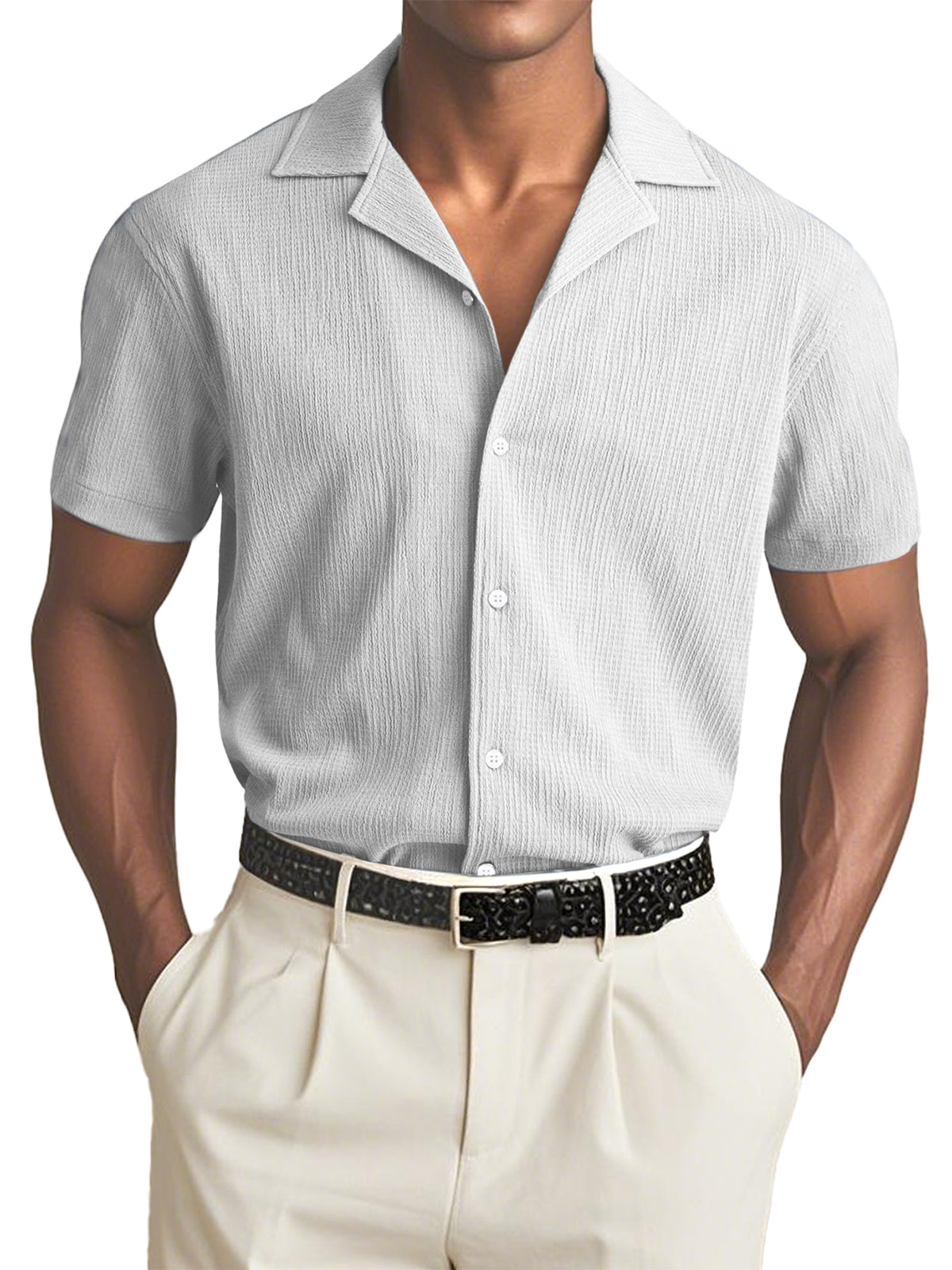 Men's Simple Solid Color Textured Cuban Collar Short-sleeved Shirt