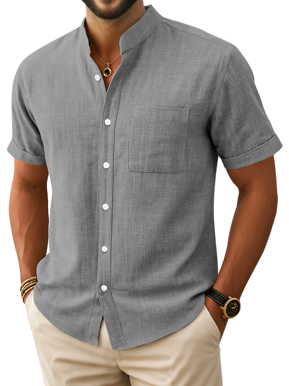 Men's Retro Simple Comfortable Stand Collar Button-down Short Sleeve Shirt