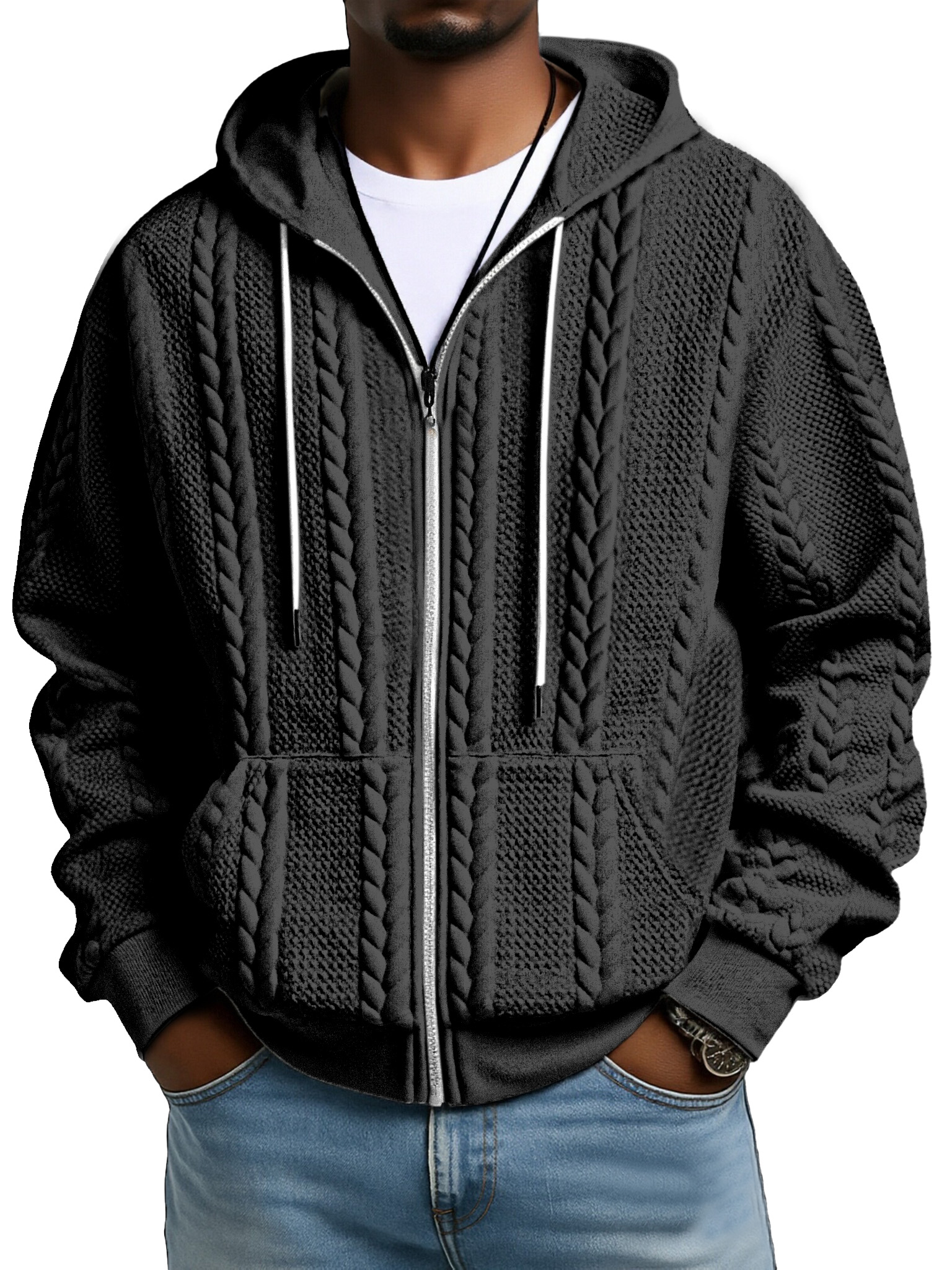 Fashionable Solid Color Twist Texture Hooded Zipper Sweatshirt Jacket