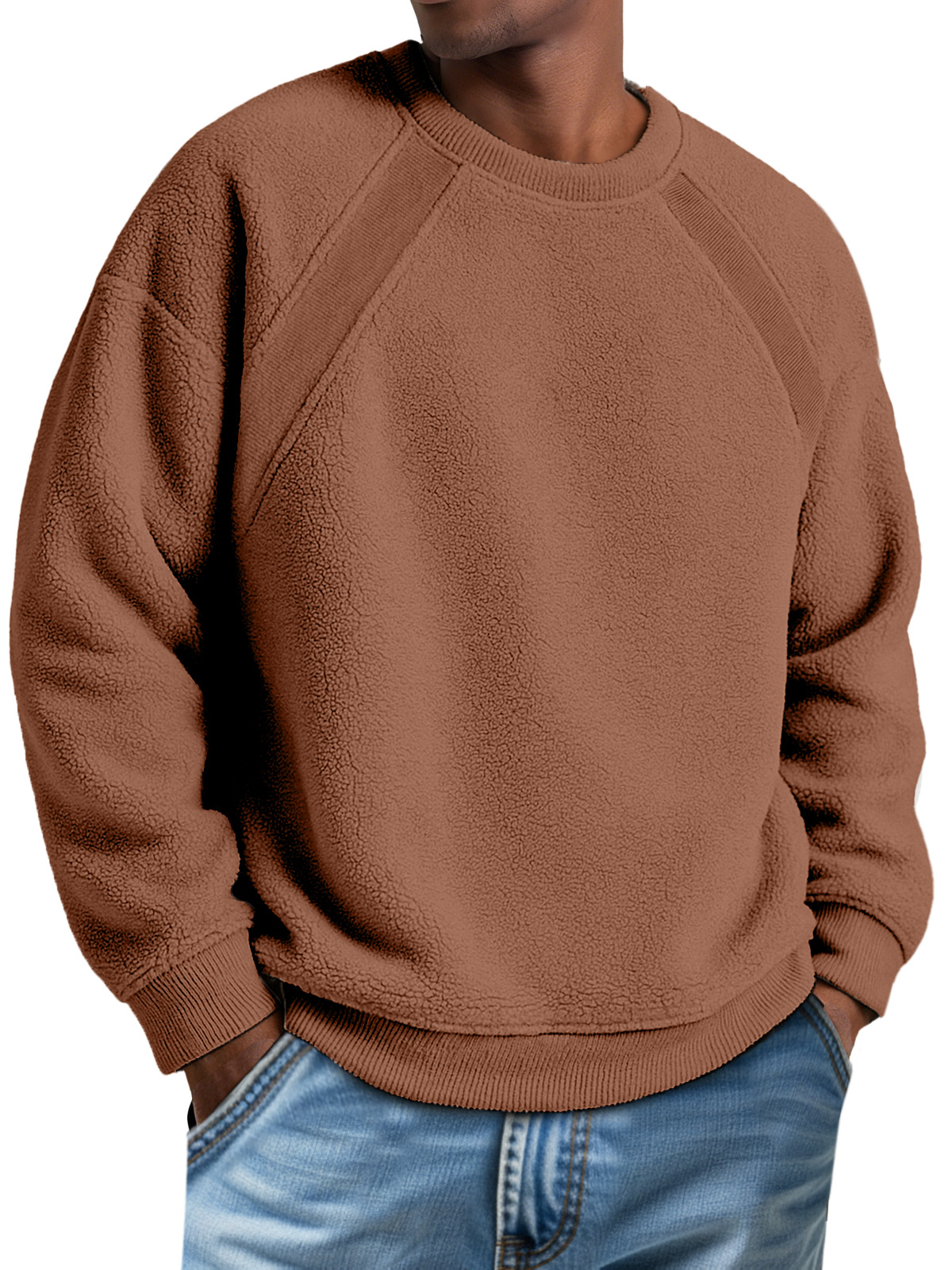 Men's Round Neck Polar Fleece Ribbed Split Patchwork Sweatshirt