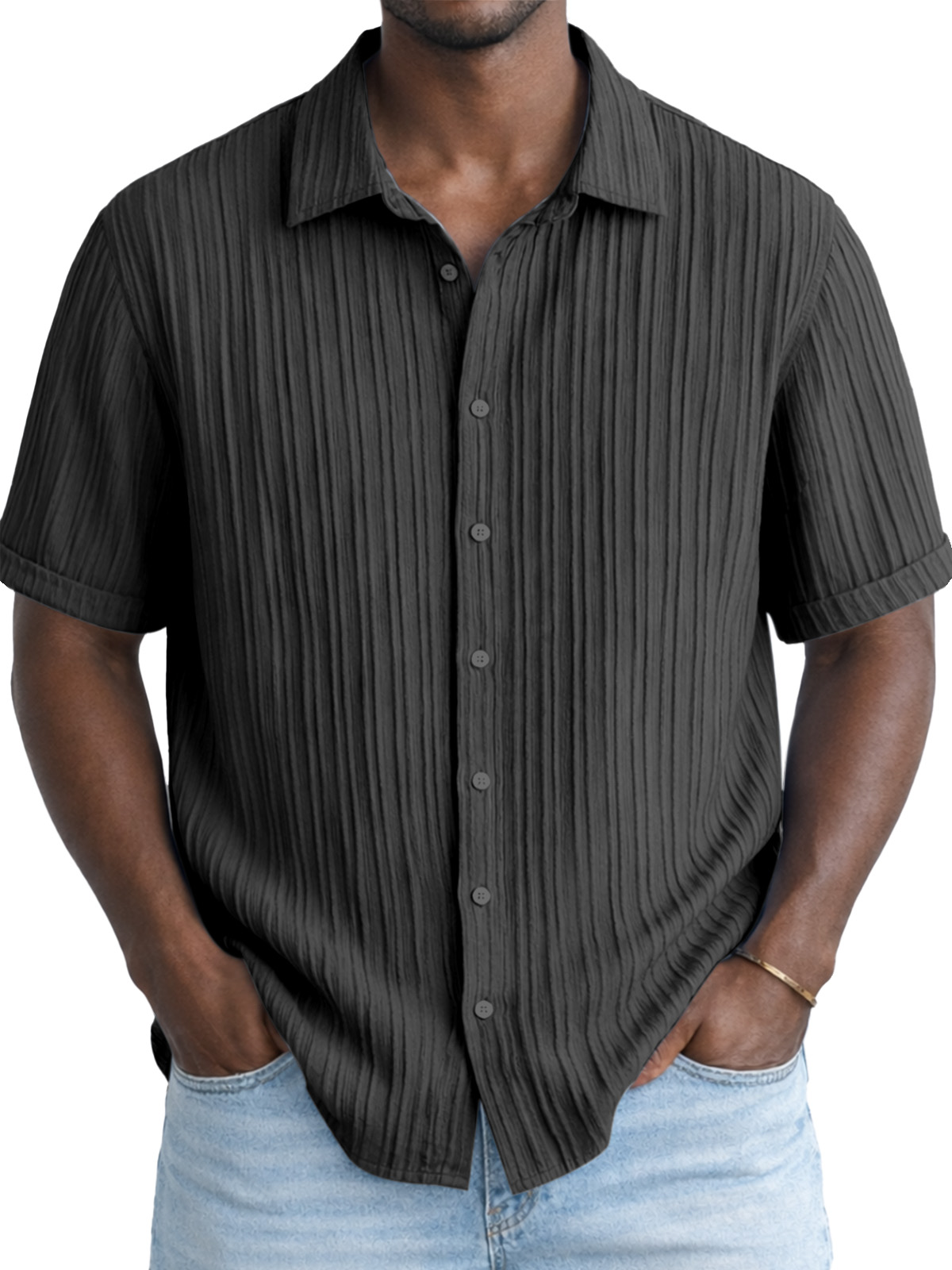 Men's Solid Color Breathable Vertical Stripe Simple Short-Sleeve Shirt