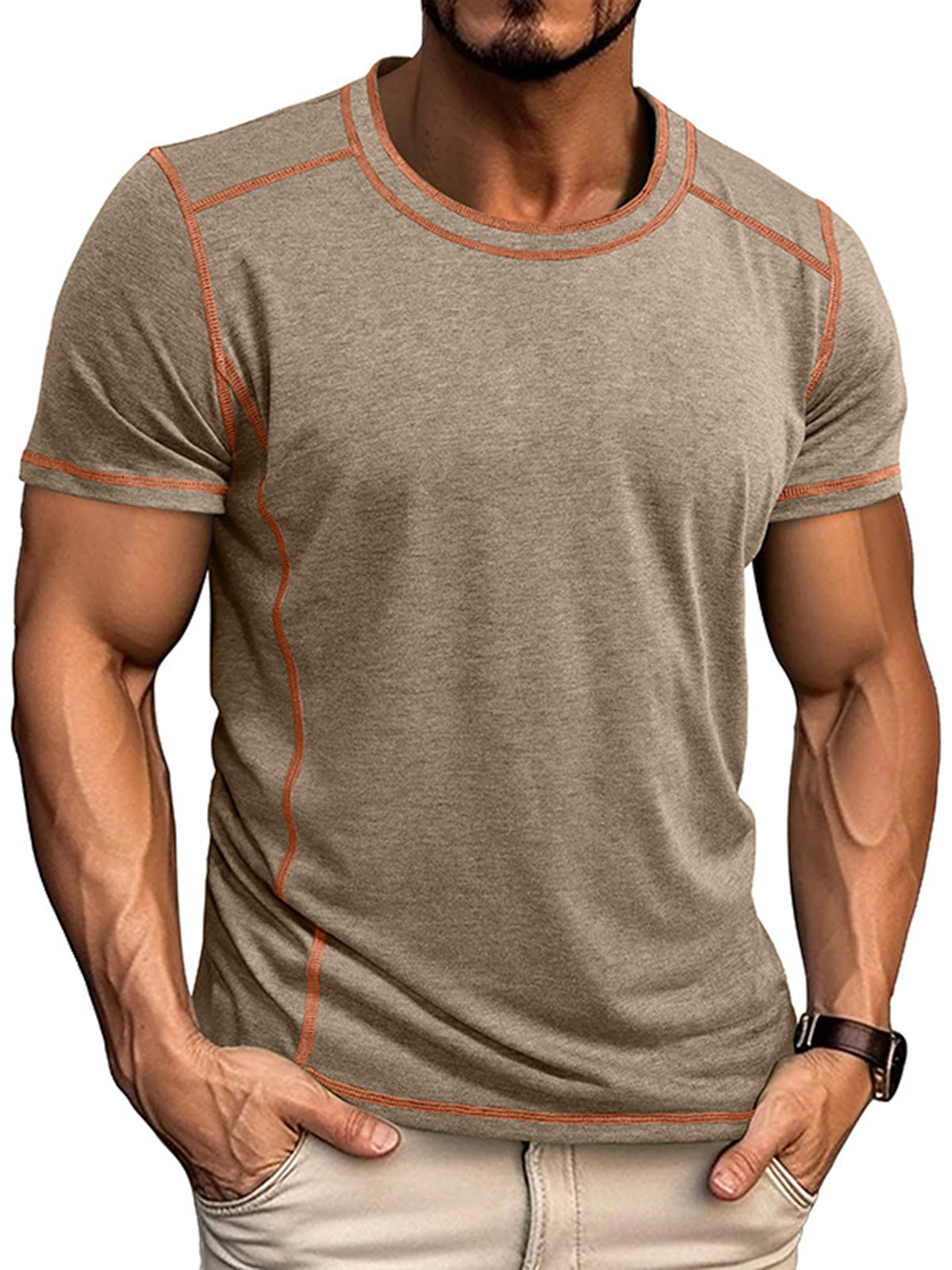 Men's Basic Casual Solid Color Stitching Design Round Neck Short-sleeved T-shirt