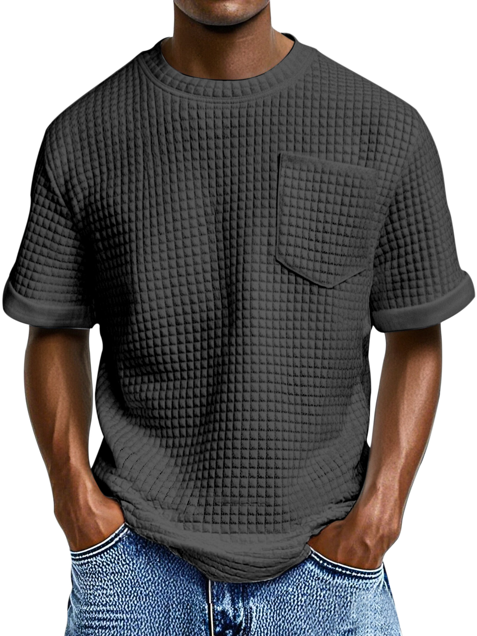 Men's Casual Loose Small Square Texture Pocket Round Neck Short-sleeved T-shirt