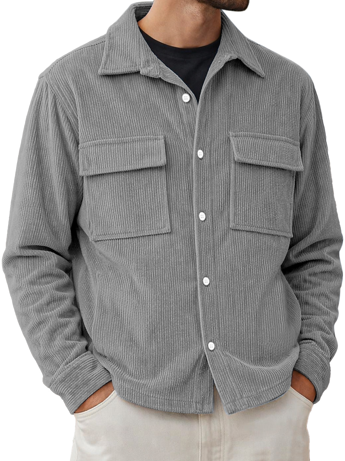 Men's Basic Double-pocket Corduroy Button-down Long-sleeved Shirt