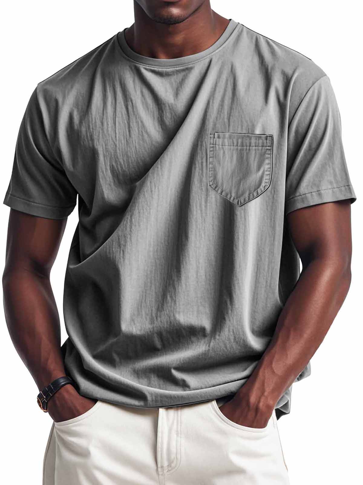 Men's Fashion Retro Casual Round Neck Pocket Long Sleeve T-Shirt