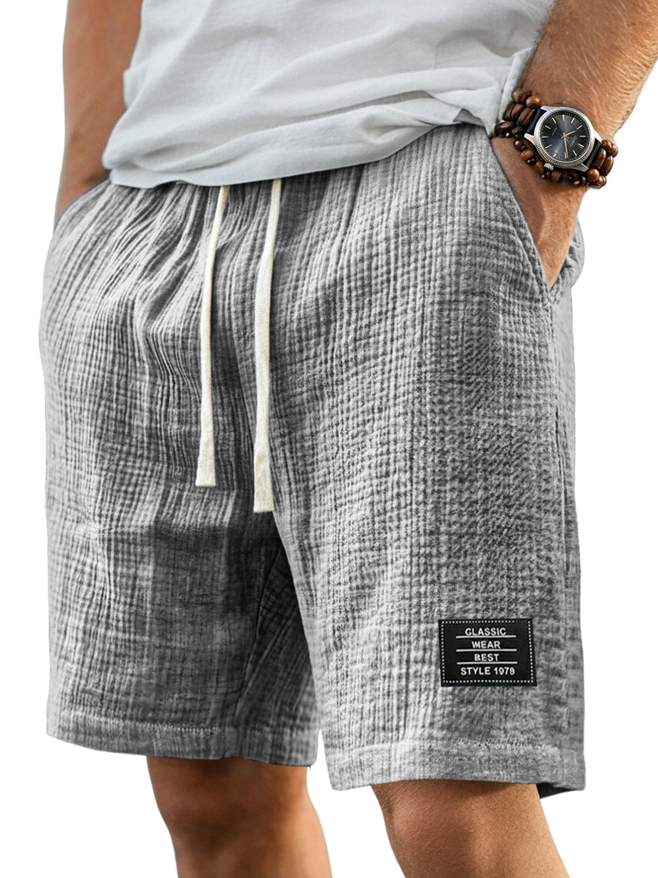 Men's Basic Pleated Texture Embroidered Logo Casual Comfort Shorts