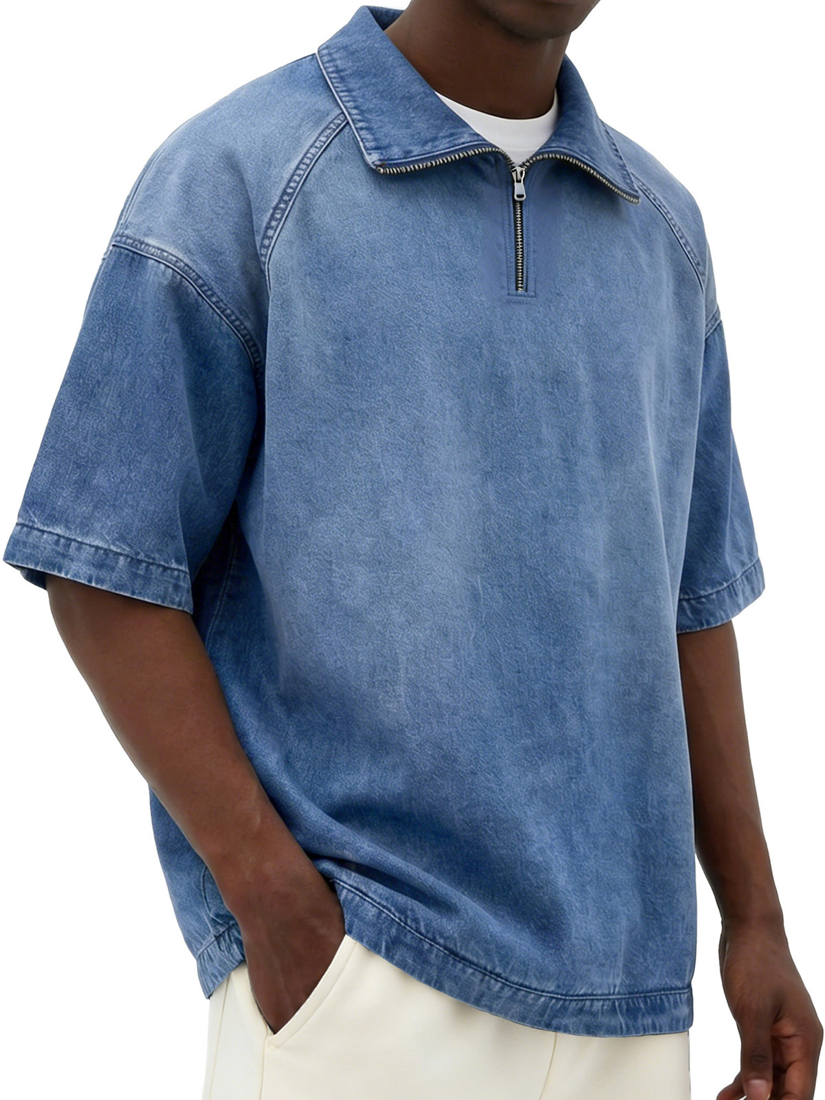 Men's Retro Distressed Zipper Raglan Collar Loose-Fit Short-Sleeve Polo Shirt