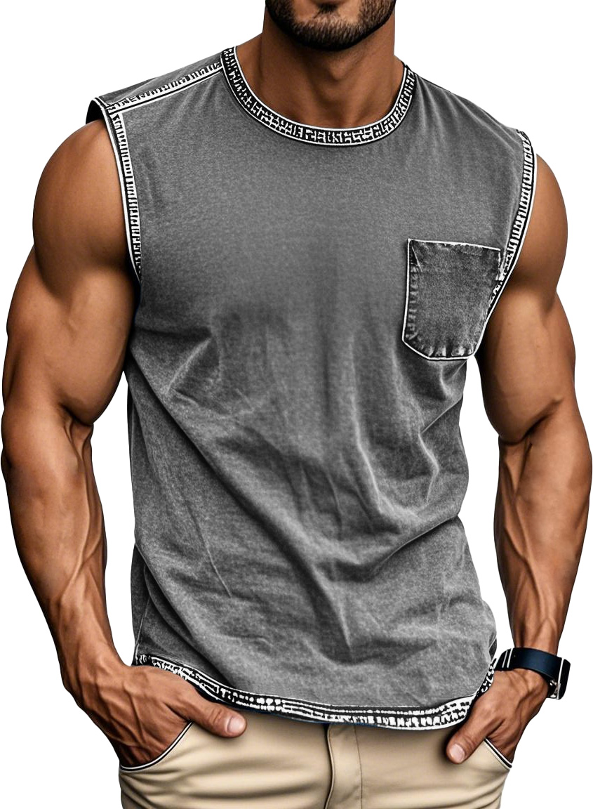 Men's Fashion Retro Distressed Round Neck Pocket Sleeveless T-shirt