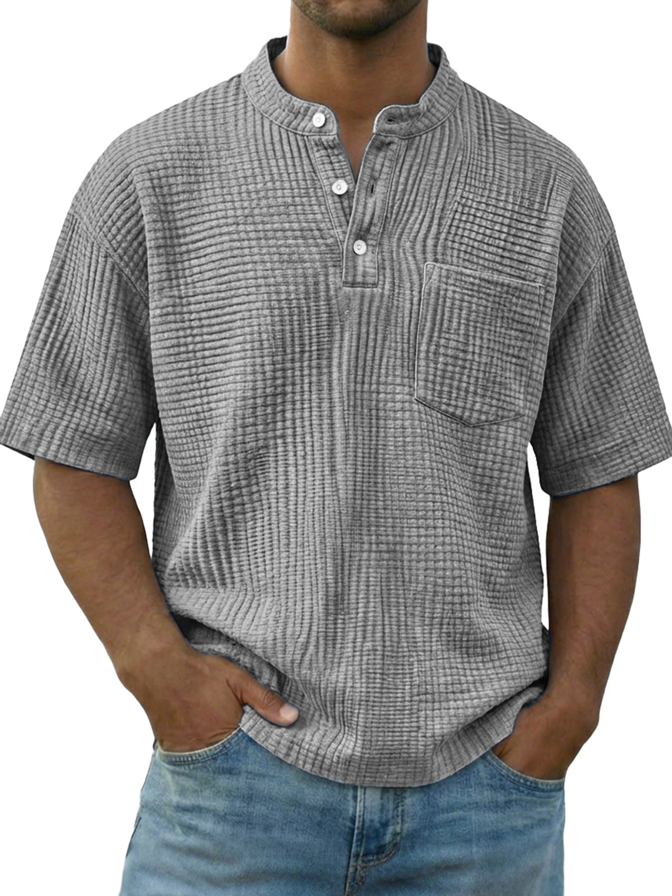 Men's Casual Wrinkled Comfortable Short-sleeved Henley Shirt With Pockets