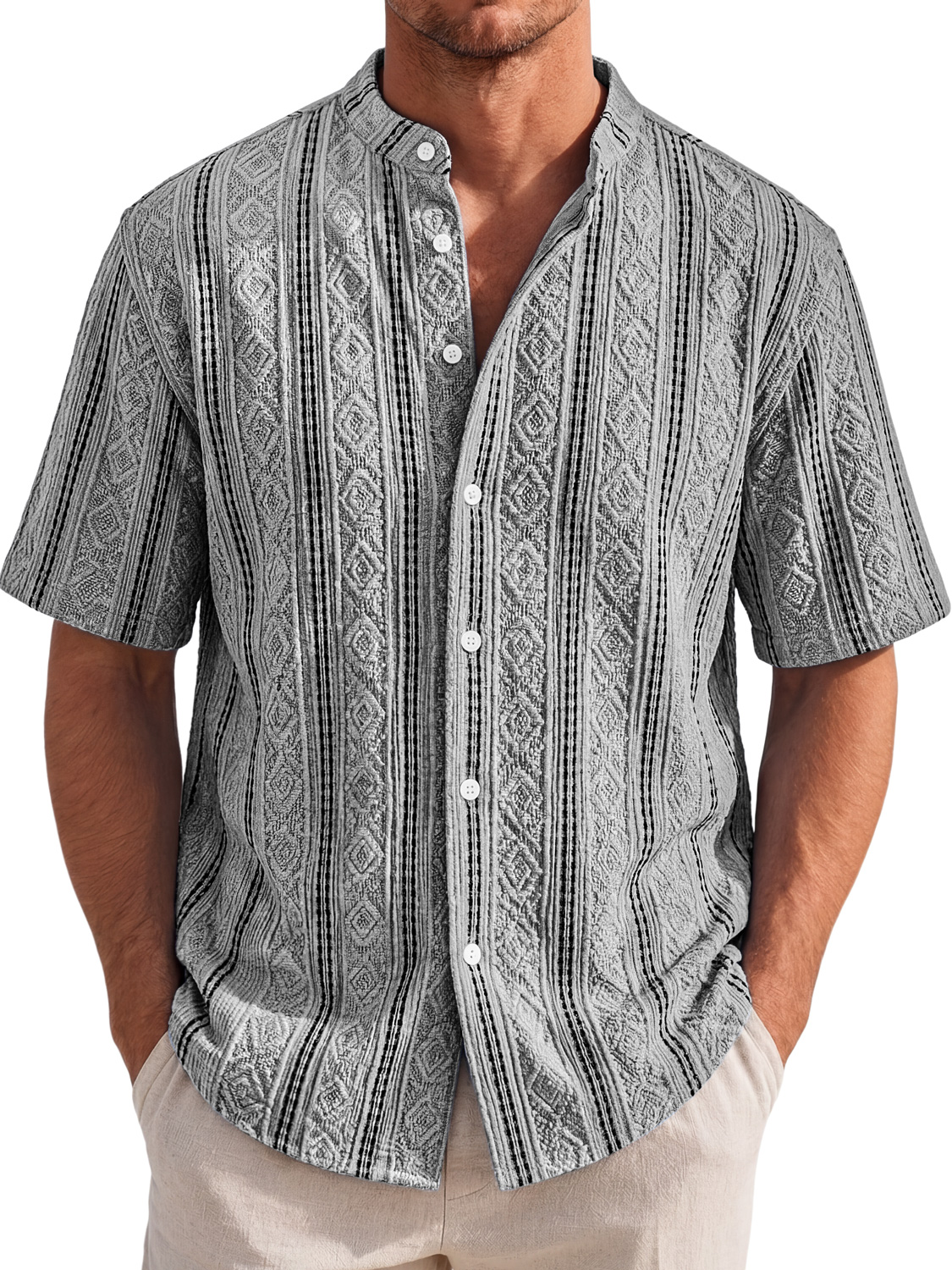 Men's Short-Sleeve Casual Shirt with Stand Collar and Textured Jacquard Finish