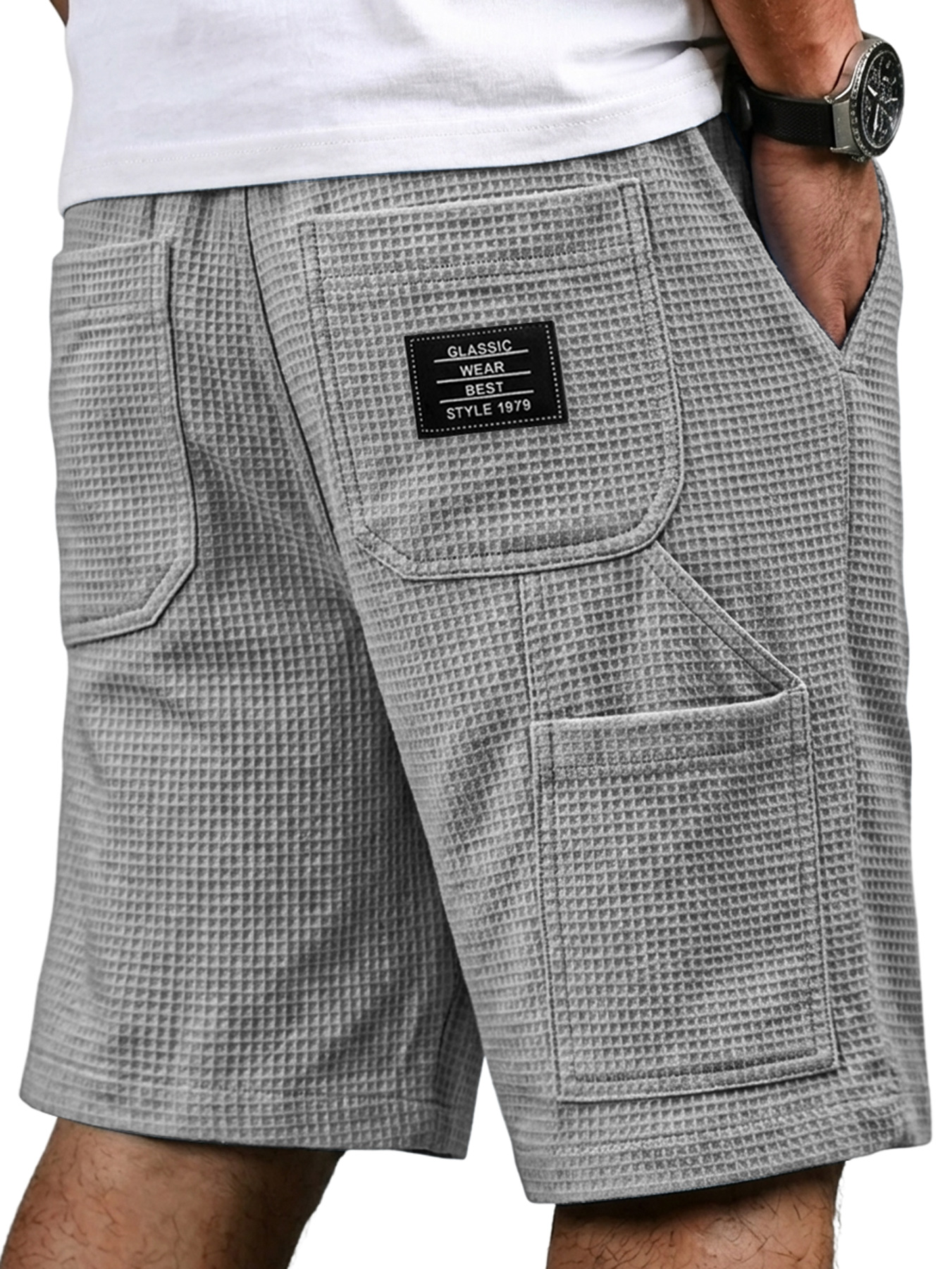 Men's Waffle-patterned Multi-pocket Embroidered Logo Casual Cargo Shorts