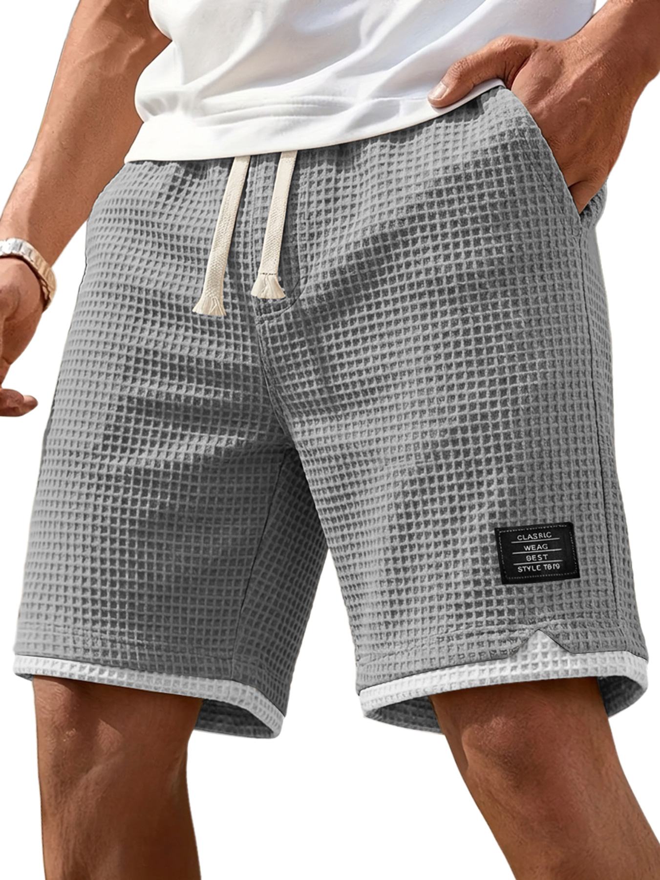 Men's Casual Waffle Color Block Embroidered Logo Loose Shorts