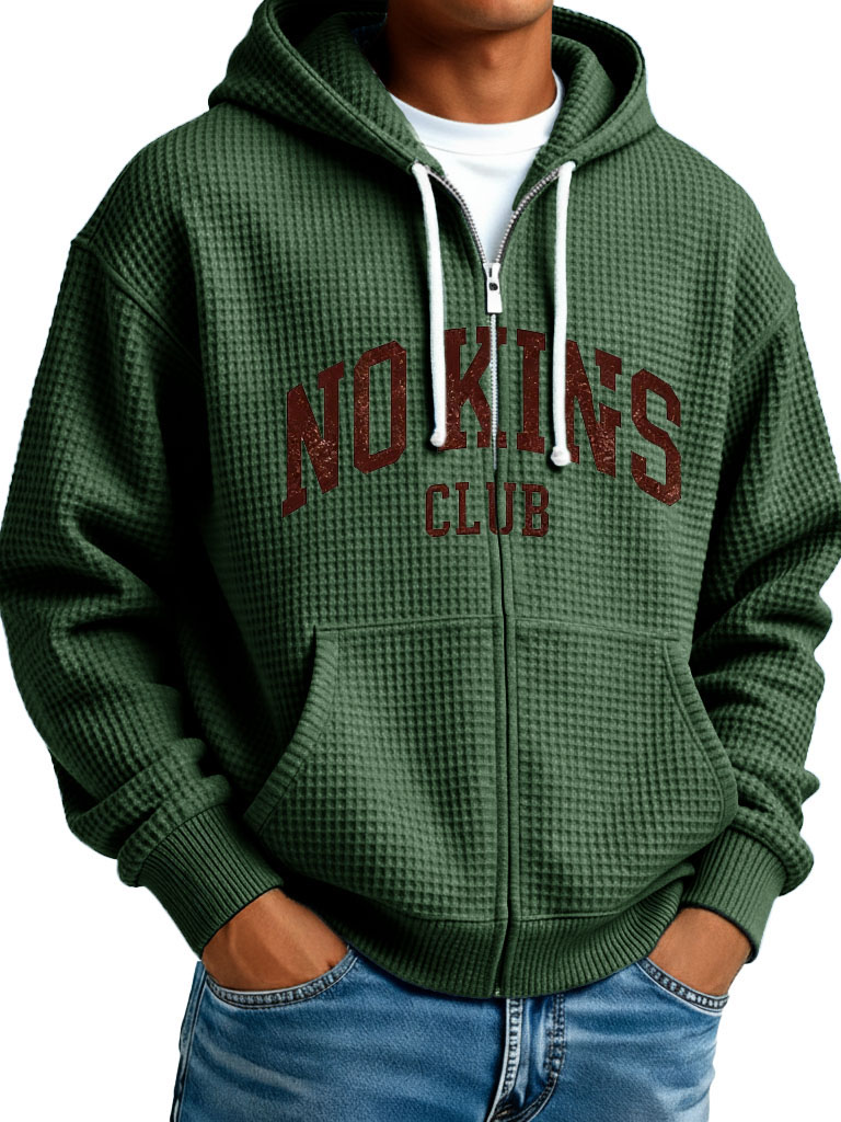 "no Kings" Letter-printed Waffle Fabric Pockets Long-sleeved Hoodie