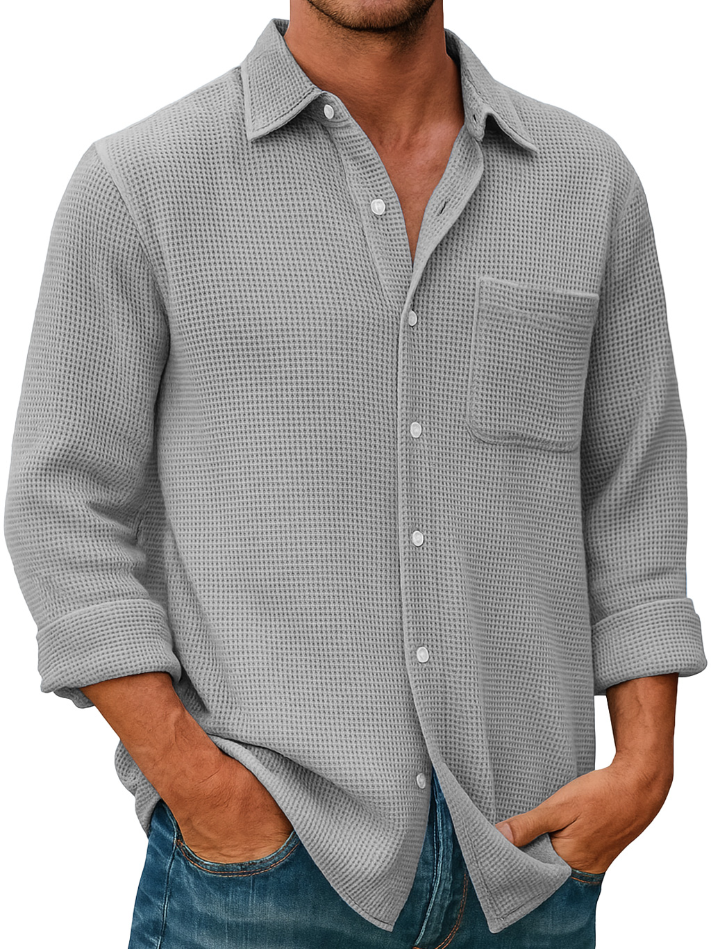 Men's Waffle Everyday Casual Pocket Comfort Long Sleeve Shirt