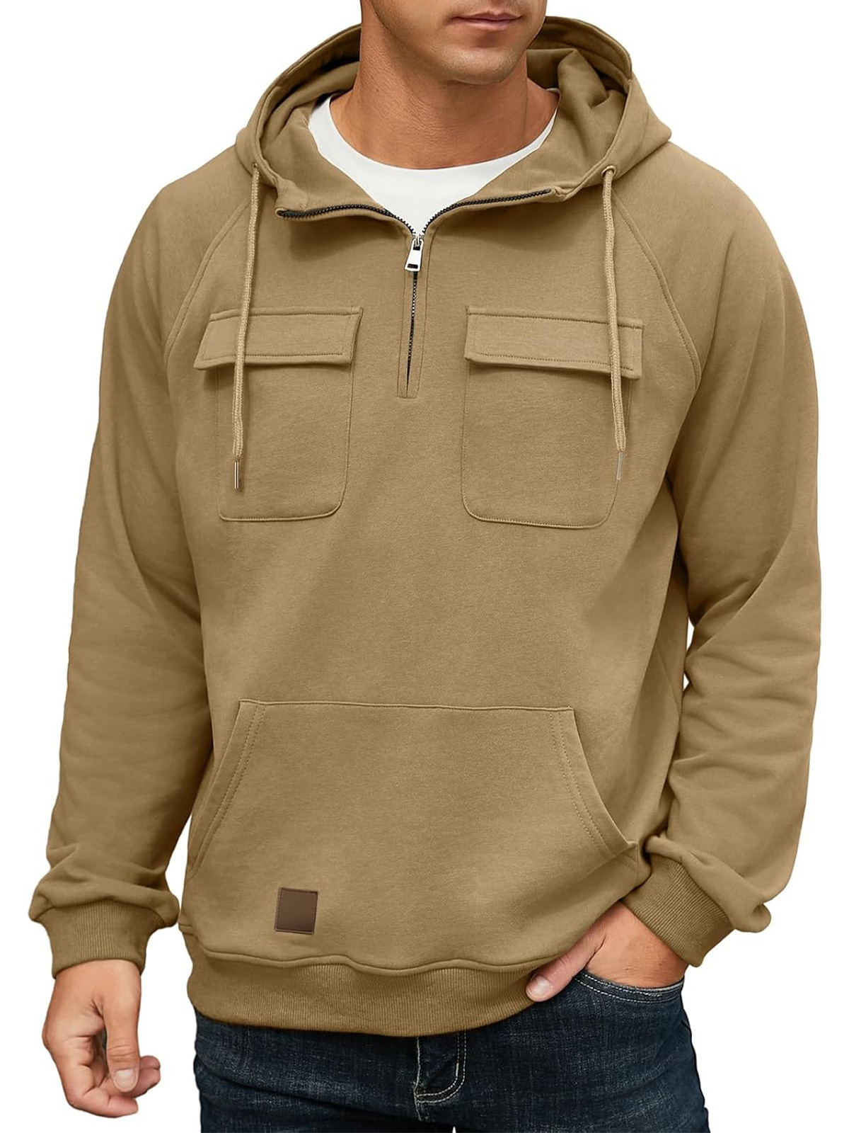 Men's Casual Hooded Zippered Double Pocket Solid Color Sweatshirt