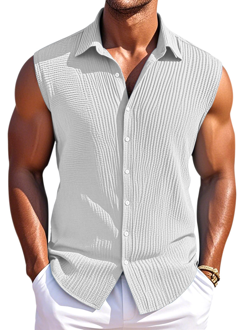 Men's Summer Simple Pleated Texture Daily Lapel Button Sleeveless Shirt