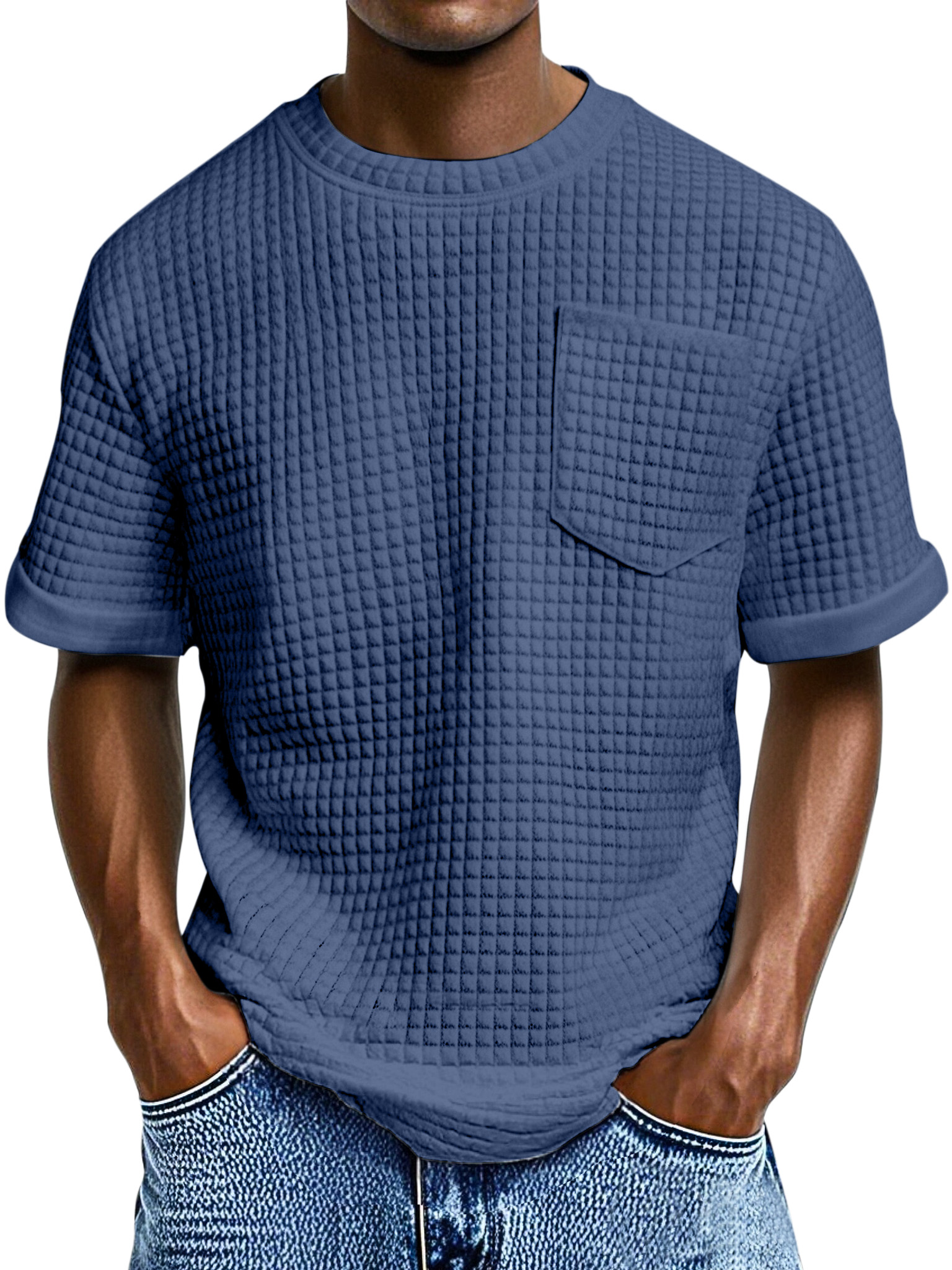 Men's Casual Loose Small Square Texture Pocket Round Neck Short-sleeved T-shirt