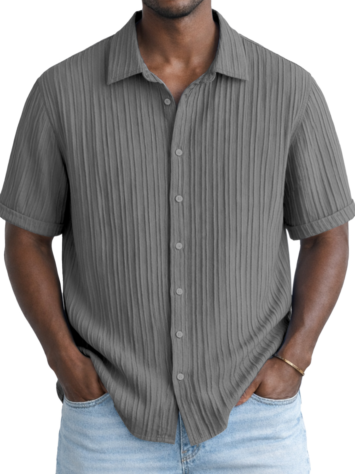 Men's Solid Color Breathable Vertical Stripe Simple Short-Sleeve Shirt