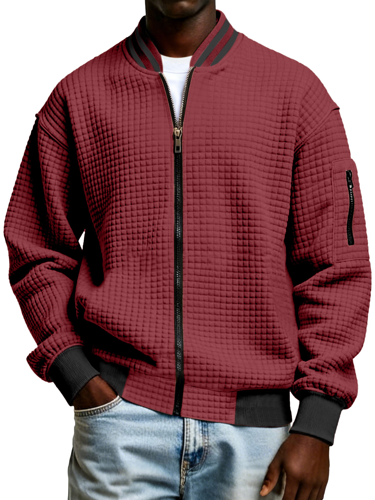 Men's Plaid Texture Solid Color Zipper Stand Collar Sweatshirt Jacket