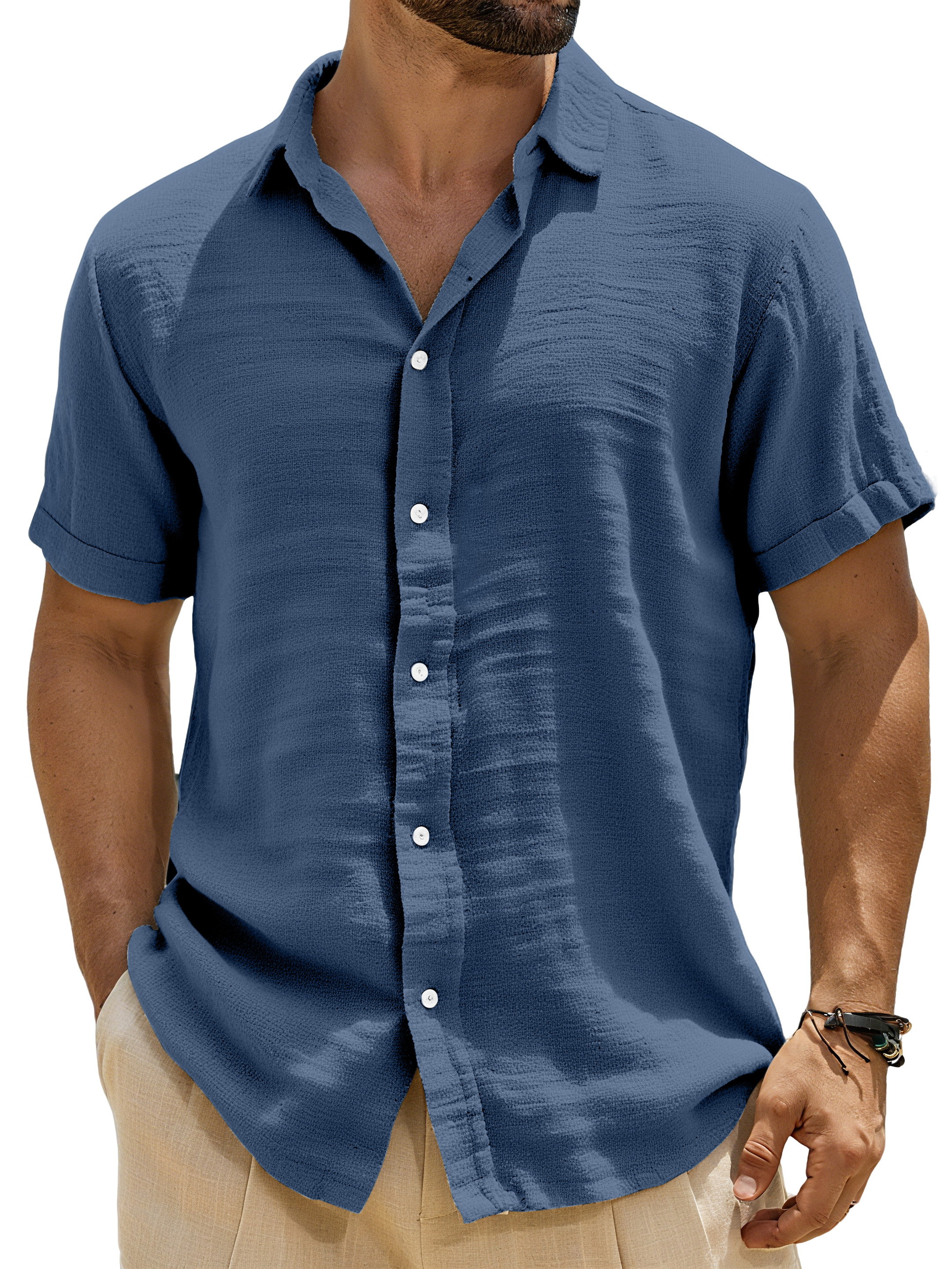 Men's Casual Solid Color Breathable Imitation Linen Button Short-sleeved Shirt