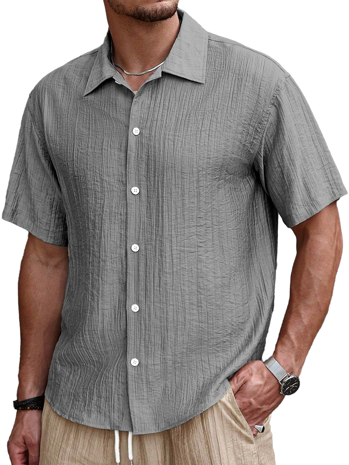 Men's Simple Casual Pleated Solid Color Short Sleeve Button Lapel Shirt