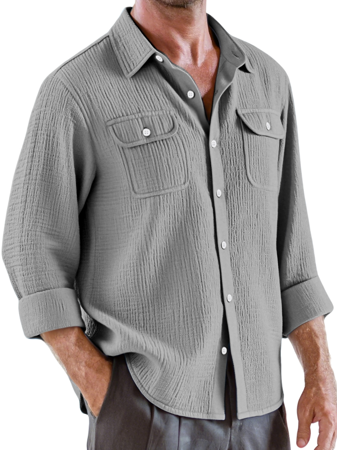 Men's Casual Solid Color Pleated Texture Double Pocket Long Sleeve Shirt